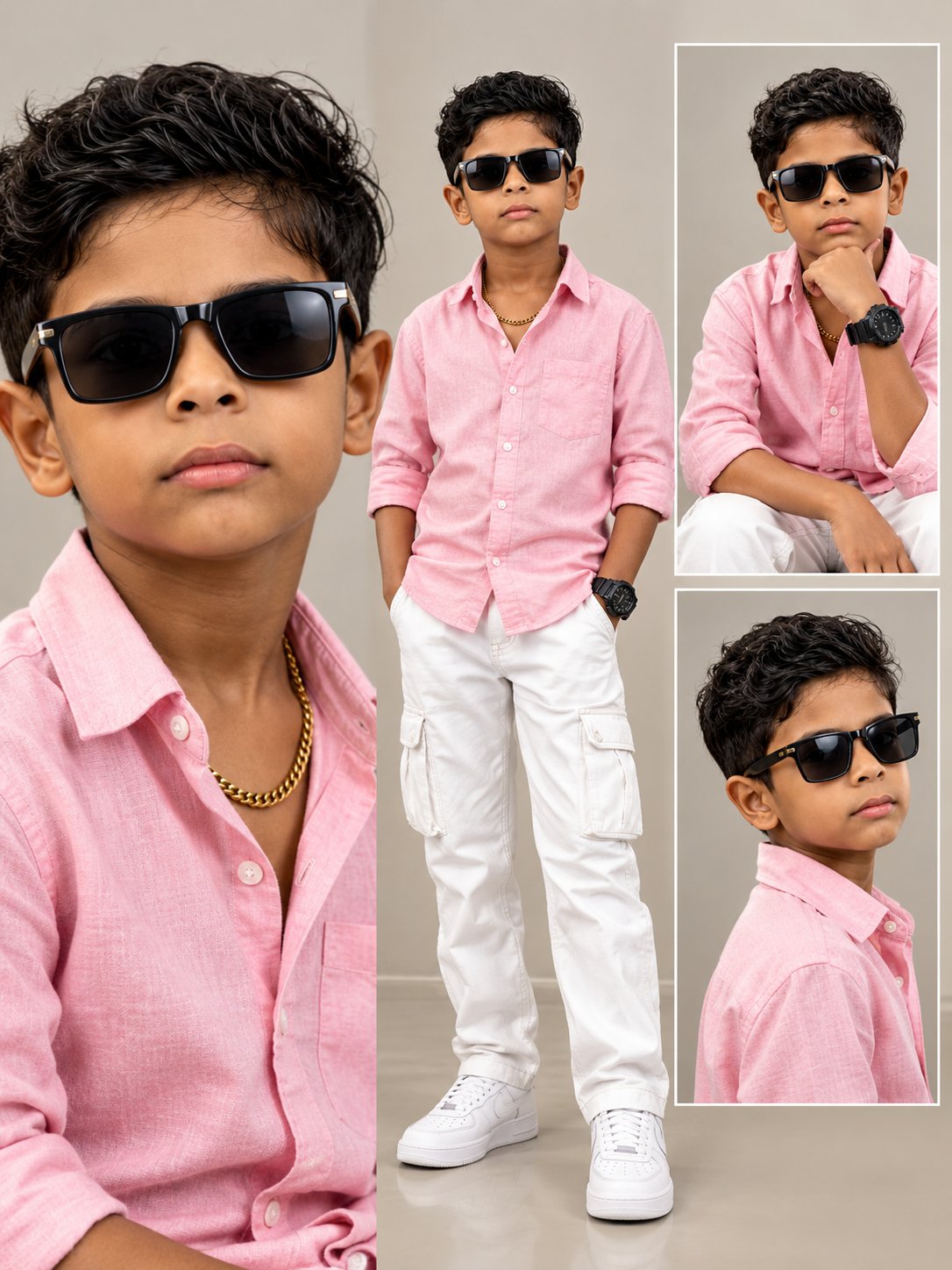 The boy is wearing a pink button-down shirt, a gold chain, white cargo pants, and white sneakers.