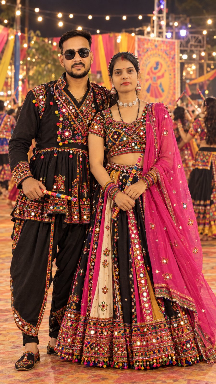 A smiling Indian couple in traditional Gujarati outfits dancing Garba together at a colourful Dandiya night. She wears a pink mirror-work chaniya choli with bangles and jhumkas.